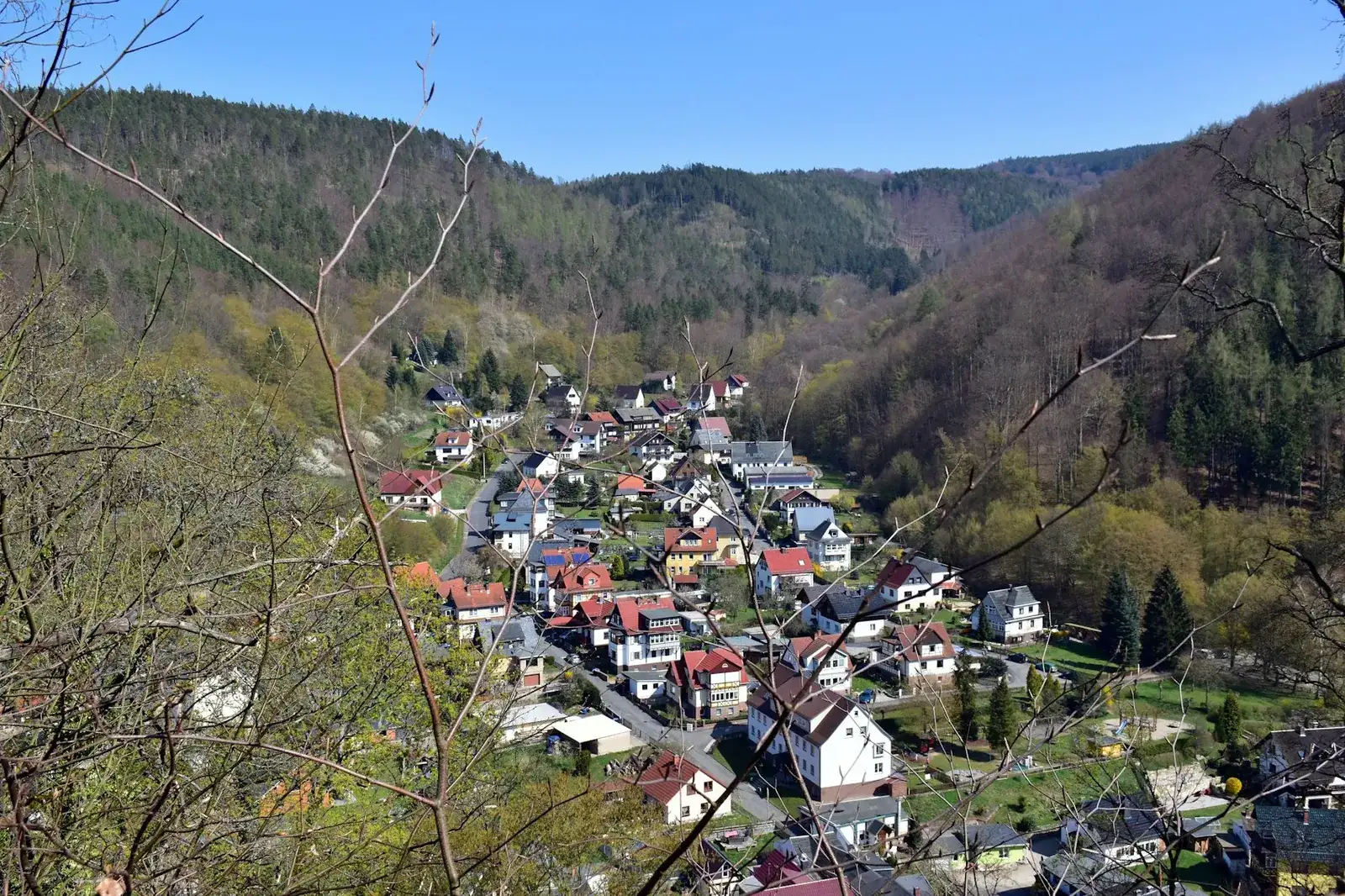 Kleinstadt mit rotgedeckten Häusern, eingebettet in ein grünes, bewaldetes Flusstal zwischen sanften Hügeln unter blauem Himmel – charakteristisch für das Weißeritztal bei Freital südwestlich von Dresden.