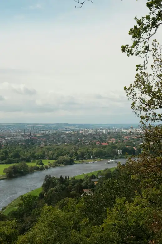 Blick vom bewaldeten Elbhang über die Elbe mit Elbwiesen, Ausflugsdampfer und einer Villa am Hang hinüber auf das Häusermeer und die Türme von Dresden – die typische Höhenlage über dem Elbtal wie am Weißen Hirsch und in Bühlau.
