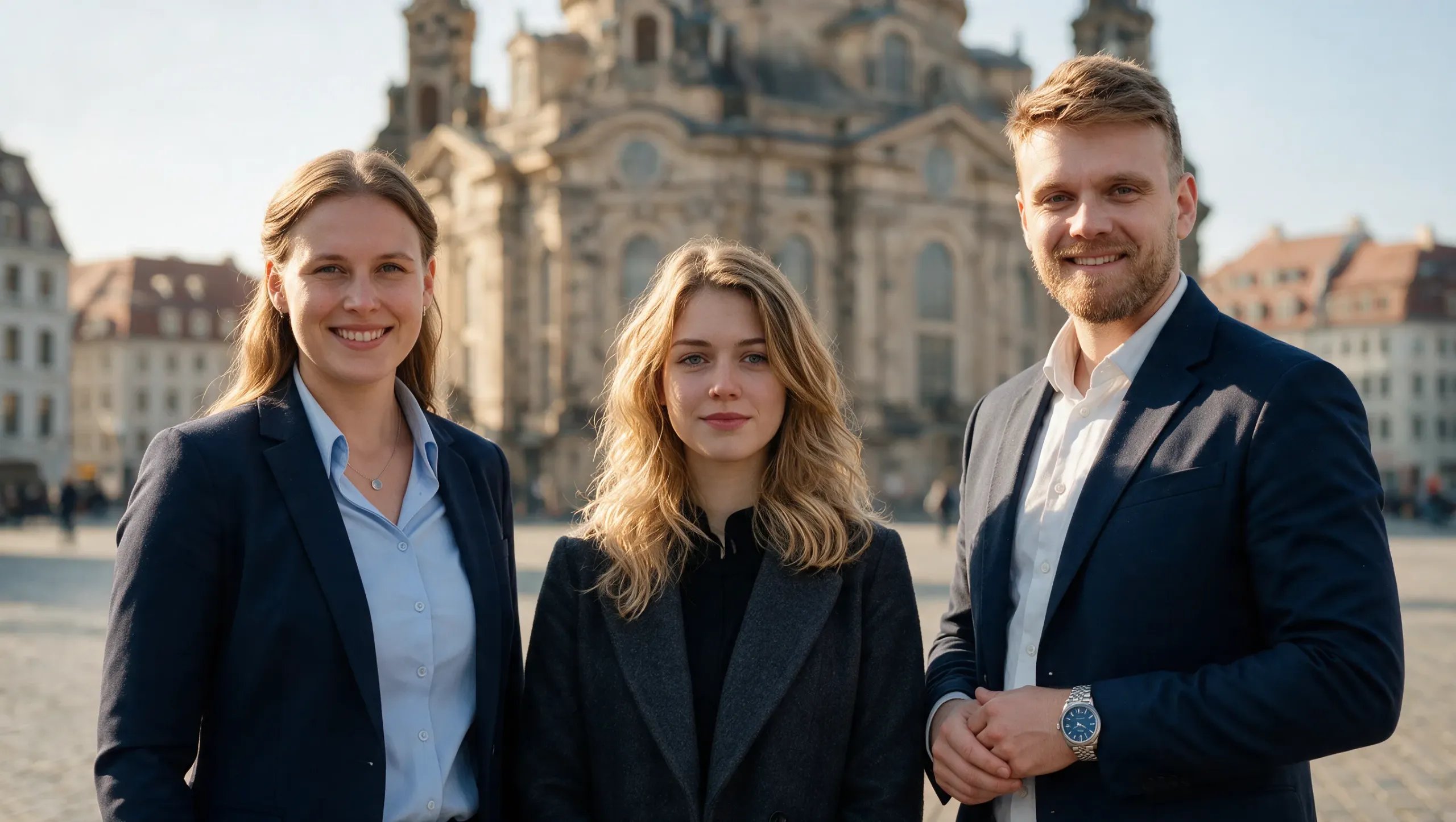 Das Team von Benisch Immobilien vor der Frauenkirche in Dresden – Lisa Hoyer, Lena Hohenstein und Vincent Benisch